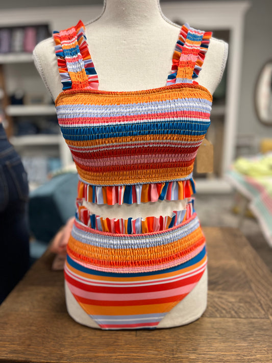 STRIPED SMOCKED 2-PIECE SWIM