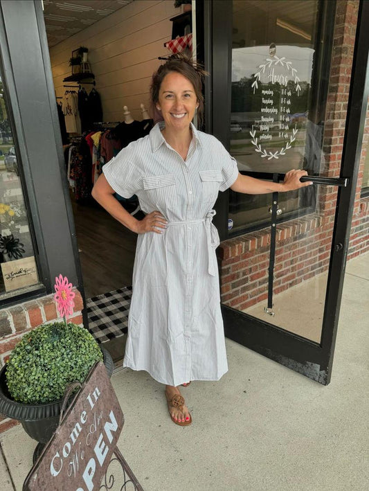 Striped Button-Down Belted Dress